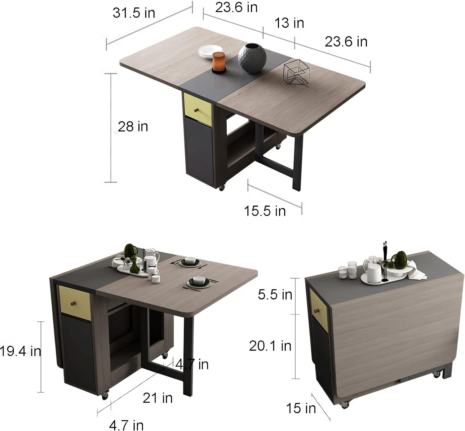 Folding Dining Table with Storage Rack and 2 Drawers in 3 Forms
