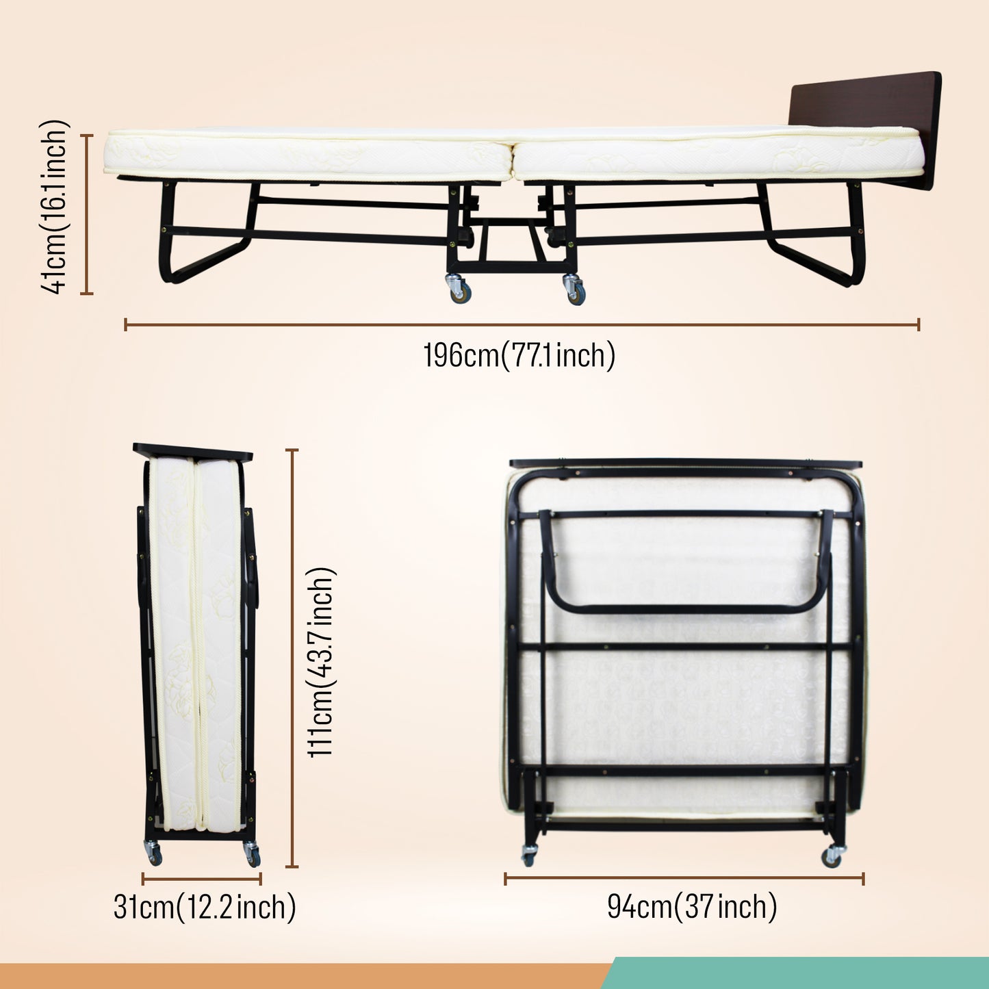 Premium Foldable Bed with Mattress and Mattress Protector Rollaway Portable Guest (only wheels and headboard requires assembly)